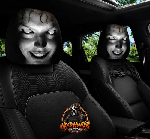 Head Hunter scary face car headrest covers fitted on both front seats