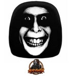 Headrest cover design - pale face with a wide grin against a black hood